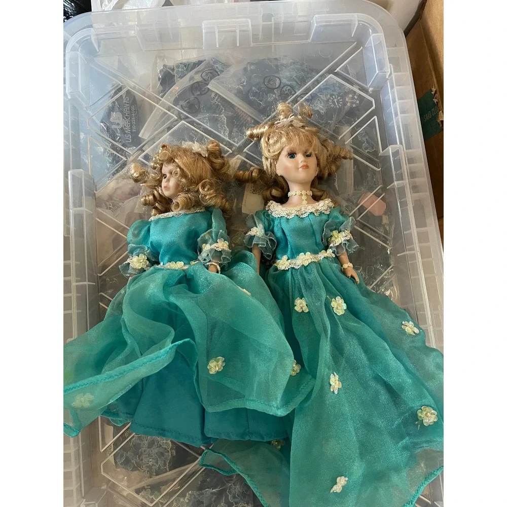 Vintage Style Porcelain Dolls Teal Gowns Sweet 16 Blonde Curls Set of 2
